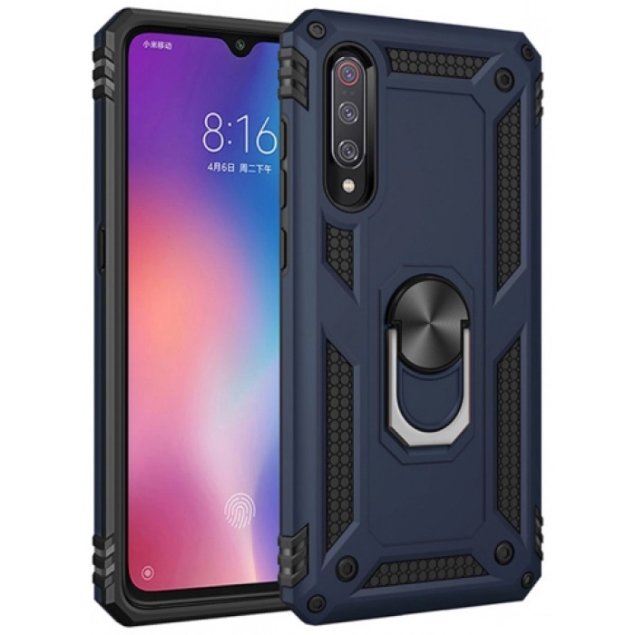 Xiaomi Mi 9 Kılıf Silikon Zırhlı Standlı Yüzüklü Mıknatıslı Tank Kapak - Lacivert