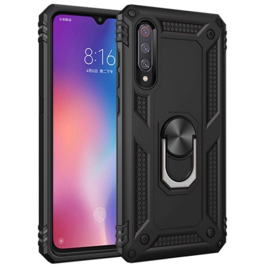Xiaomi Mi 9 Kılıf Silikon Zırhlı Standlı Yüzüklü Mıknatıslı Tank Kapak - Siyah
