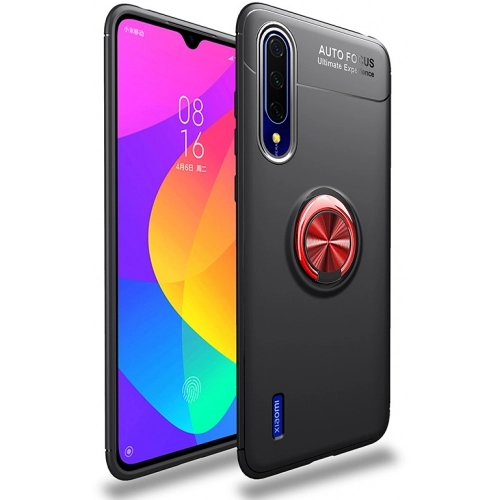 Xiaomi Mi 9 Lite Kılıf Renkli Silikon Yüzüklü Standlı Auto Focus Ravel Kapak - Kırmızı - Siyah