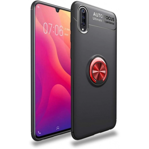 Xiaomi Mi 9 SE Kılıf Renkli Silikon Yüzüklü Standlı Auto Focus Ravel Kapak - Kırmızı - Siyah