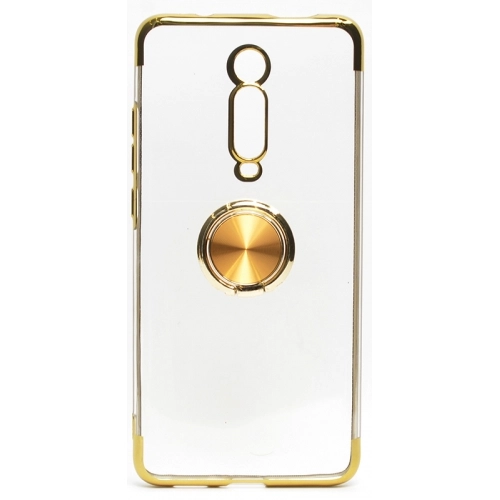 Xiaomi Mi 9T Kılıf Renkli Köşeli Yüzüklü Standlı Lazer Şeffaf Esnek Silikon - Gold
