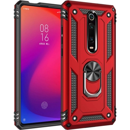 Xiaomi Mi 9T Kılıf Silikon Zırhlı Standlı Yüzüklü Mıknatıslı Tank Kapak - Kırmızı