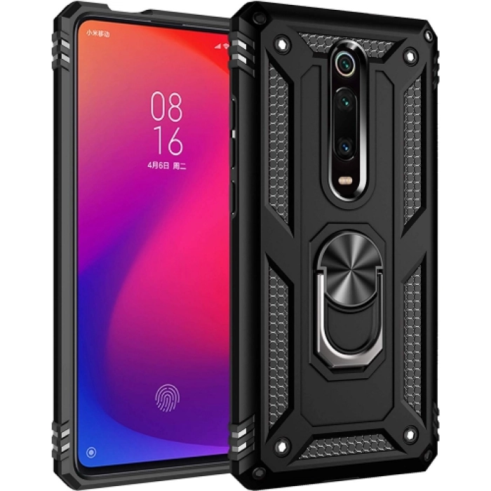 Xiaomi Mi 9T Kılıf Silikon Zırhlı Standlı Yüzüklü Mıknatıslı Tank Kapak - Siyah