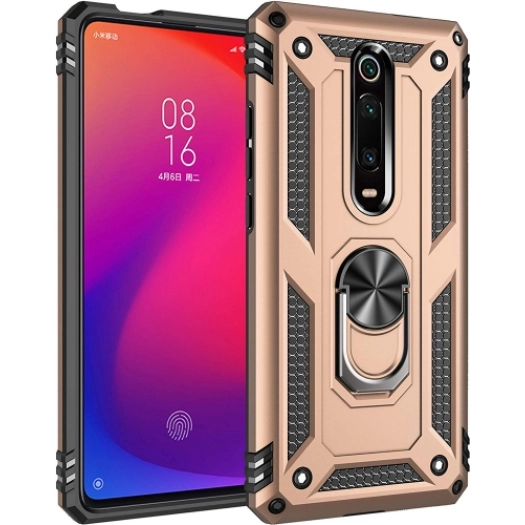 Xiaomi Mi 9T Pro Kılıf Silikon Zırhlı Standlı Yüzüklü Mıknatıslı Tank Kapak - Gold