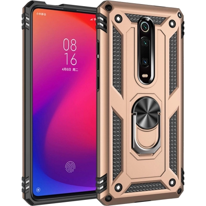 Xiaomi Mi 9T Pro Kılıf Silikon Zırhlı Standlı Yüzüklü Mıknatıslı Tank Kapak - Gold