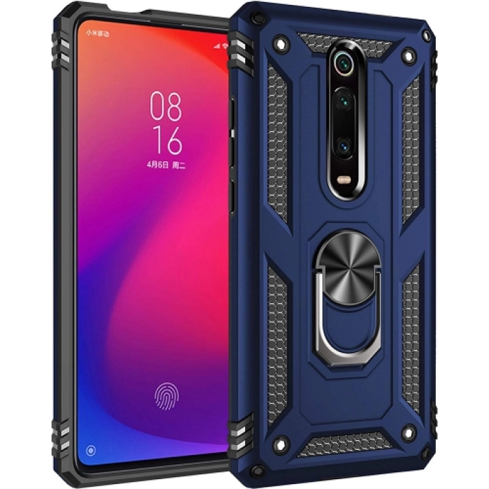 Xiaomi Mi 9T Pro Kılıf Silikon Zırhlı Standlı Yüzüklü Mıknatıslı Tank Kapak - Lacivert