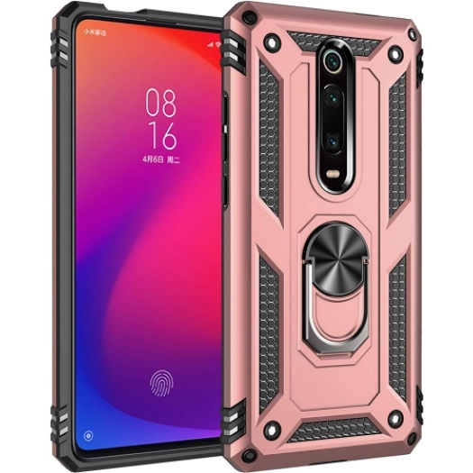 Xiaomi Mi 9T Pro Kılıf Silikon Zırhlı Standlı Yüzüklü Mıknatıslı Tank Kapak - Rose Gold