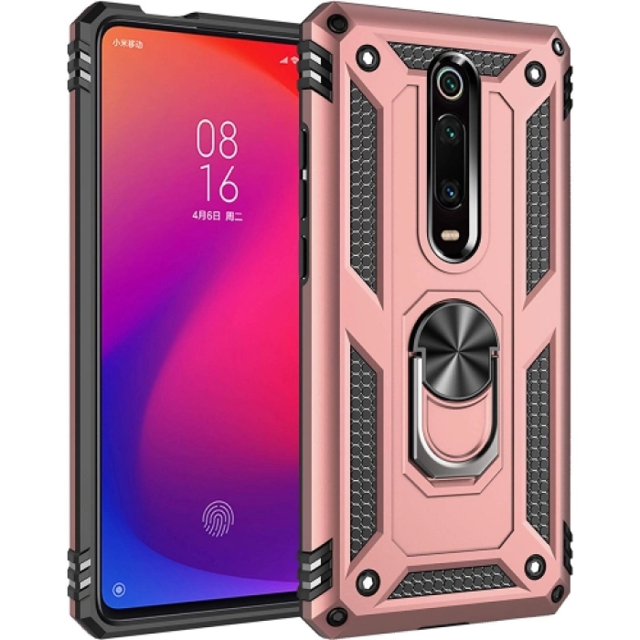 Xiaomi Mi 9T Pro Kılıf Silikon Zırhlı Standlı Yüzüklü Mıknatıslı Tank Kapak - Rose Gold
