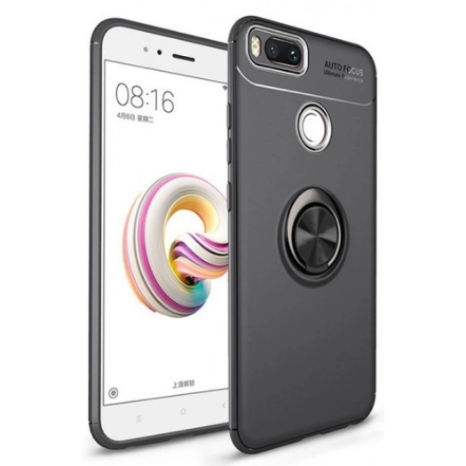 Xiaomi Mi A1 Kılıf Renkli Silikon Yüzüklü Standlı Auto Focus Ravel Kapak - Siyah