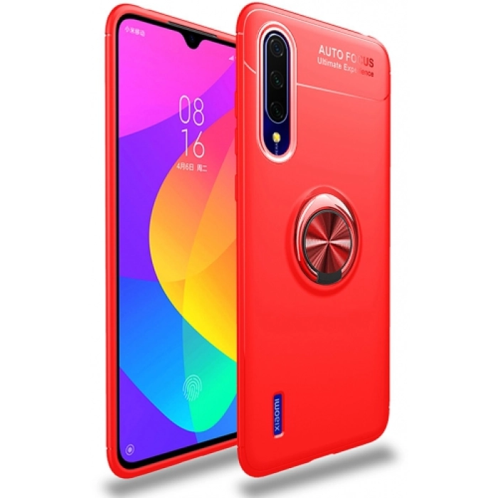 Xiaomi Mi A3 Kılıf Renkli Silikon Yüzüklü Standlı Auto Focus Ravel Kapak - Kırmızı