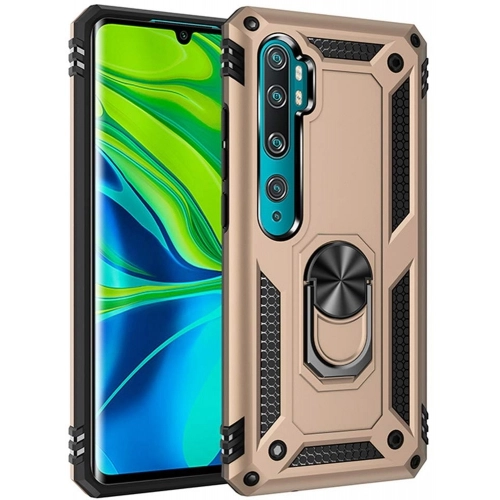 Xiaomi Mi Note 10 Kılıf Silikon Zırhlı Standlı Yüzüklü Mıknatıslı Tank Kapak - Gold