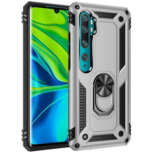 Xiaomi Mi Note 10 Kılıf Silikon Zırhlı Standlı Yüzüklü Mıknatıslı Tank Kapak - Gri