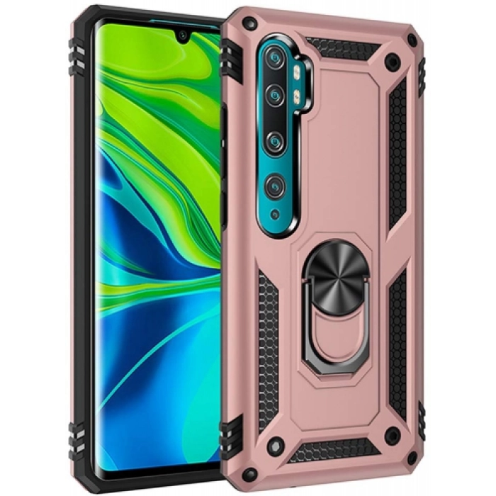 Xiaomi Mi Note 10 Kılıf Silikon Zırhlı Standlı Yüzüklü Mıknatıslı Tank Kapak - Rose Gold