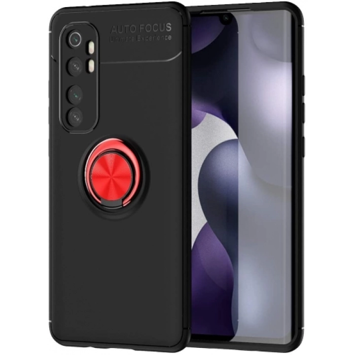 Xiaomi Mi Note 10 Lite Kılıf Renkli Silikon Yüzüklü Standlı Auto Focus Ravel Kapak - Kırmızı - Siyah