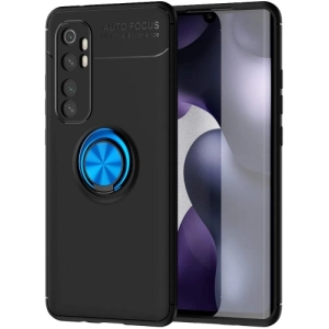 Xiaomi Mi Note 10 Lite Kılıf Renkli Silikon Yüzüklü Standlı Auto Focus Ravel Kapak - Mavi - Siyah