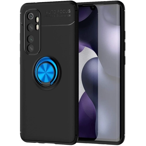 Xiaomi Mi Note 10 Lite Kılıf Renkli Silikon Yüzüklü Standlı Auto Focus Ravel Kapak - Mavi - Siyah