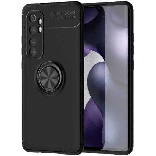 Xiaomi Mi Note 10 Lite Kılıf Renkli Silikon Yüzüklü Standlı Auto Focus Ravel Kapak - Siyah