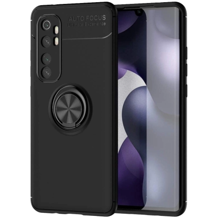 Xiaomi Mi Note 10 Lite Kılıf Renkli Silikon Yüzüklü Standlı Auto Focus Ravel Kapak - Siyah