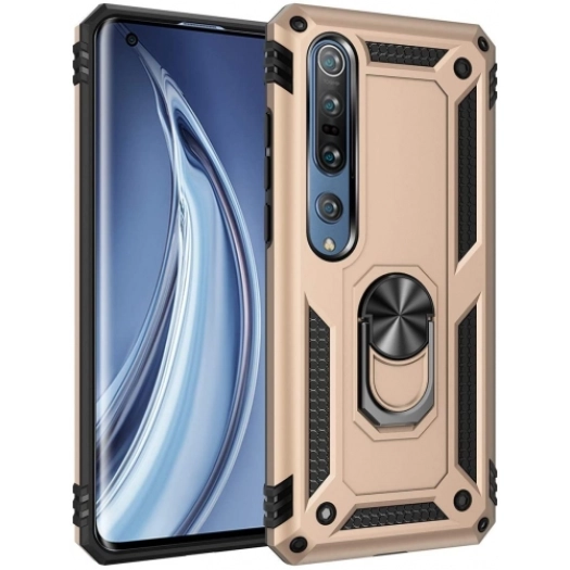 Xiaomi Mi Note 10 Lite Kılıf Silikon Zırhlı Standlı Yüzüklü Mıknatıslı Tank Kapak - Gold