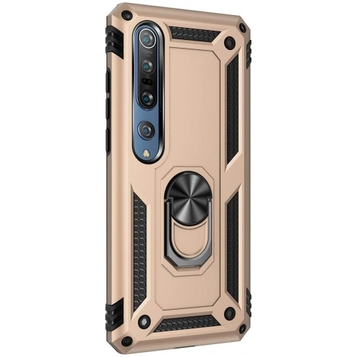 Xiaomi Mi Note 10 Lite Kılıf Silikon Zırhlı Standlı Yüzüklü Mıknatıslı Tank Kapak - Gold