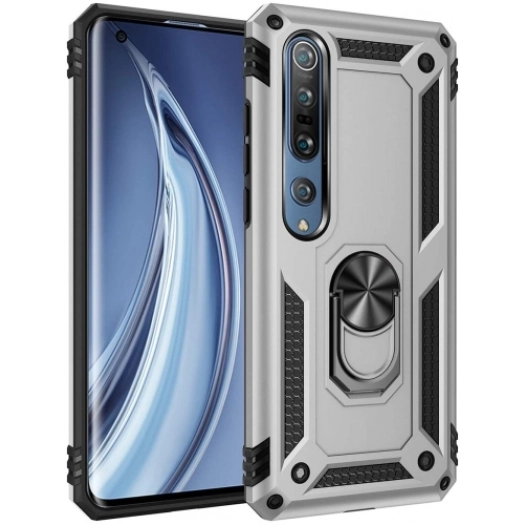 Xiaomi Mi Note 10 Lite Kılıf Silikon Zırhlı Standlı Yüzüklü Mıknatıslı Tank Kapak - Gri