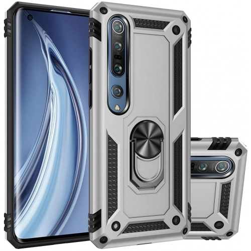 Xiaomi Mi Note 10 Lite Kılıf Silikon Zırhlı Standlı Yüzüklü Mıknatıslı Tank Kapak - Gri