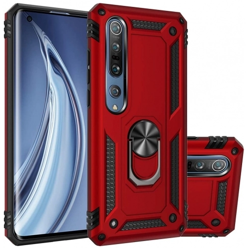 Xiaomi Mi Note 10 Lite Kılıf Silikon Zırhlı Standlı Yüzüklü Mıknatıslı Tank Kapak - Kırmızı