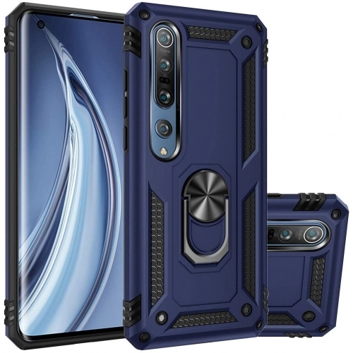 Xiaomi Mi Note 10 Lite Kılıf Silikon Zırhlı Standlı Yüzüklü Mıknatıslı Tank Kapak - Lacivert