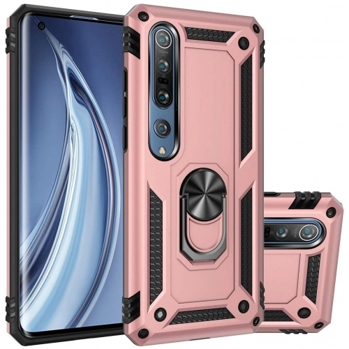 Xiaomi Mi Note 10 Lite Kılıf Silikon Zırhlı Standlı Yüzüklü Mıknatıslı Tank Kapak - Rose Gold