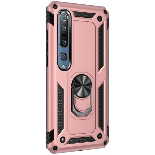 Xiaomi Mi Note 10 Lite Kılıf Silikon Zırhlı Standlı Yüzüklü Mıknatıslı Tank Kapak - Rose Gold