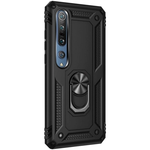 Xiaomi Mi Note 10 Lite Kılıf Silikon Zırhlı Standlı Yüzüklü Mıknatıslı Tank Kapak - Siyah