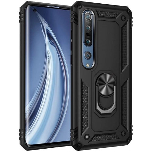 Xiaomi Mi Note 10 Lite Kılıf Silikon Zırhlı Standlı Yüzüklü Mıknatıslı Tank Kapak - Siyah