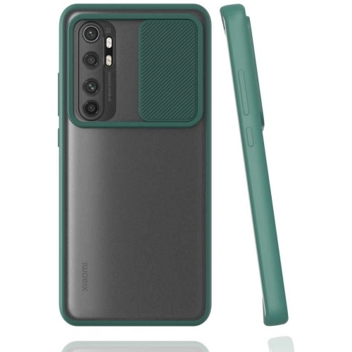 Xiaomi Mi Note 10 Lite Kılıf Silikon Sürgülü Lens Korumalı Buzlu Şeffaf - Yeşil