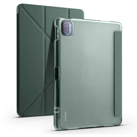 Xiaomi Mi Pad 5 Pro Tablet Kılıfı Standlı Tri Folding Kalemlikli Silikon Smart Cover - Koyu Yeşil