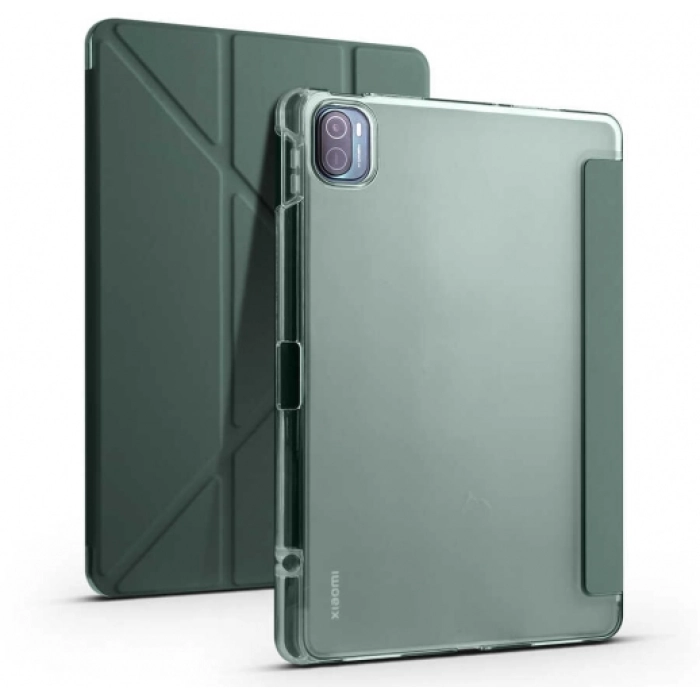 Xiaomi Mi Pad 5 Pro Tablet Kılıfı Standlı Tri Folding Kalemlikli Silikon Smart Cover - Koyu Yeşil