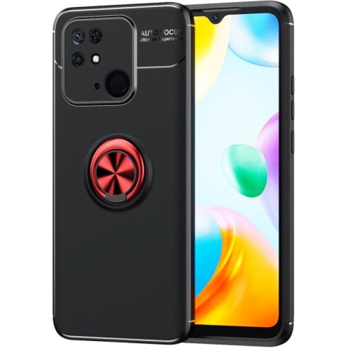 Xiaomi Poco C40 Kılıf Renkli Silikon Yüzüklü Standlı Auto Focus Ravel Kapak - Kırmızı - Siyah