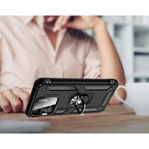 Xiaomi Poco C40 Kılıf Silikon Zırhlı Standlı Yüzüklü Mıknatıslı Tank Kapak - Siyah