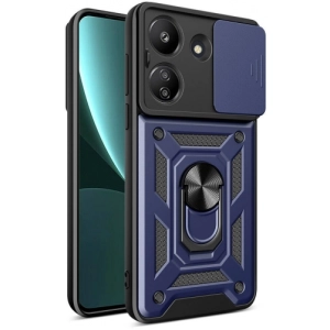 Xiaomi Poco C65 Kılıf Zırhlı Standlı Silikon Sürgülü Kamera Korumalı Tank Kapak - Mavi