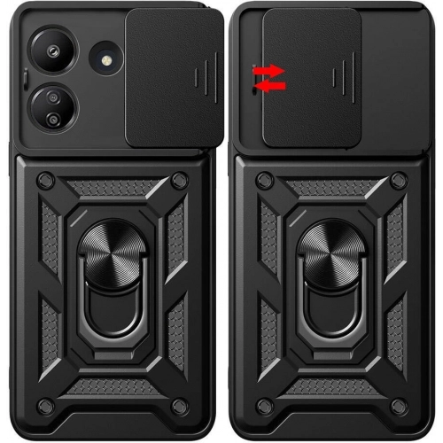 Xiaomi Poco C65 Kılıf Zırhlı Standlı Silikon Sürgülü Kamera Korumalı Tank Kapak - Siyah