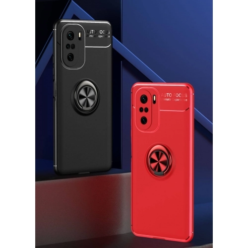 Xiaomi Poco F3 Kılıf Renkli Silikon Yüzüklü Standlı Auto Focus Ravel Kapak - Kırmızı - Siyah