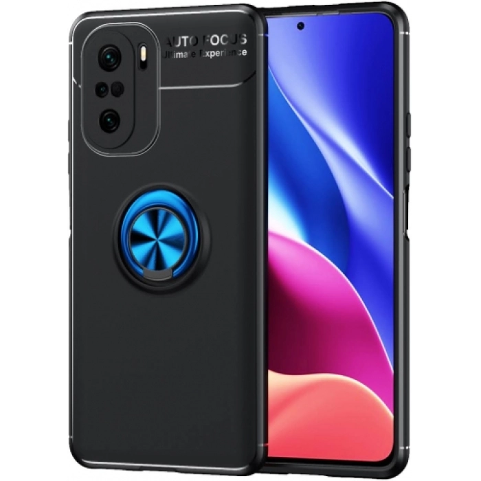 Xiaomi Poco F3 Kılıf Renkli Silikon Yüzüklü Standlı Auto Focus Ravel Kapak - Mavi - Siyah
