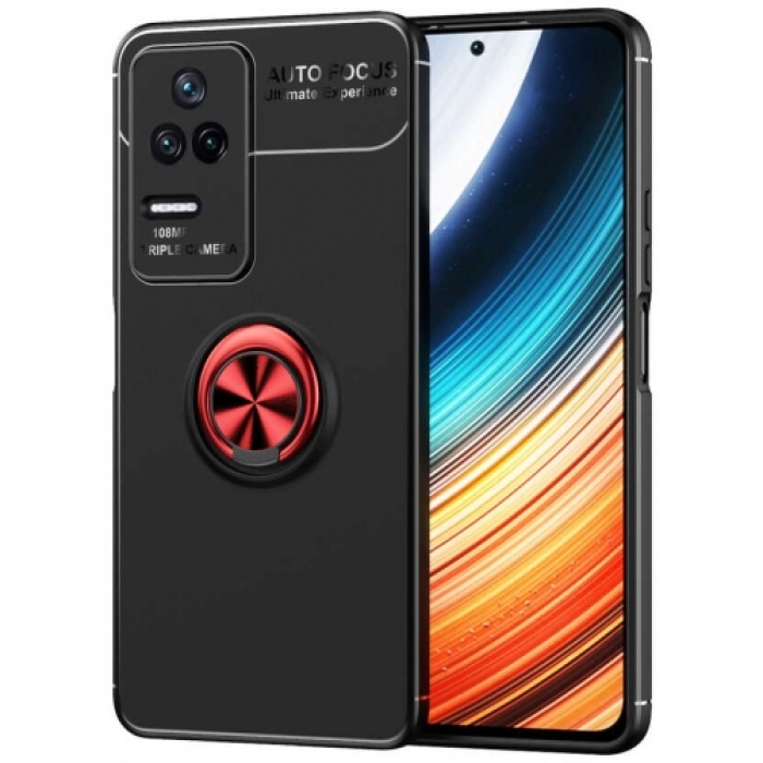 Xiaomi Poco F4 Kılıf Renkli Silikon Yüzüklü Standlı Auto Focus Ravel Kapak - Kırmızı - Siyah
