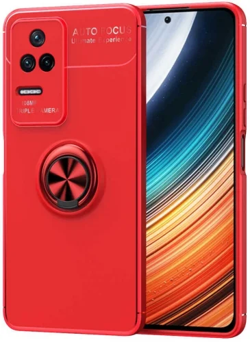 Xiaomi Poco F4 Kılıf Auto Focus Serisi Soft Premium Standlı Yüzüklü Kapak - Kırmızı
