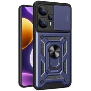 Xiaomi Poco F5 Kılıf Zırhlı Standlı Silikon Sürgülü Kamera Korumalı Tank Kapak - Mavi