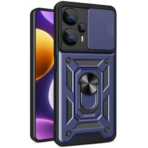 Xiaomi Poco F5 Kılıf Zırhlı Standlı Silikon Sürgülü Kamera Korumalı Tank Kapak - Mavi