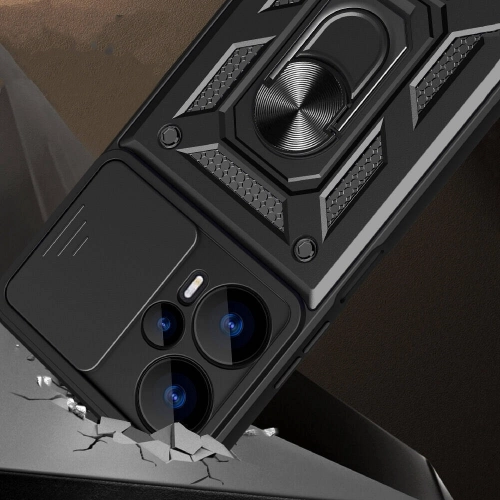 Xiaomi Poco F5 Kılıf Zırhlı Standlı Silikon Sürgülü Kamera Korumalı Tank Kapak - Mavi