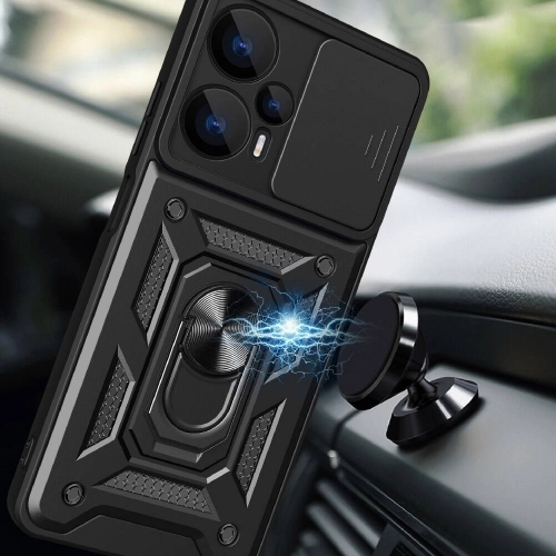 Xiaomi Poco F5 Kılıf Zırhlı Standlı Silikon Sürgülü Kamera Korumalı Tank Kapak - Mavi