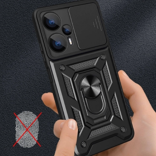 Xiaomi Poco F5 Kılıf Zırhlı Standlı Silikon Sürgülü Kamera Korumalı Tank Kapak - Mavi