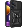 Xiaomi Poco F5 Kılıf Zırhlı Standlı Silikon Sürgülü Kamera Korumalı Tank Kapak - Siyah