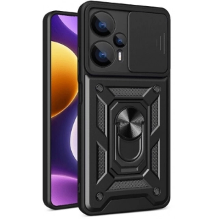 Xiaomi Poco F5 Kılıf Zırhlı Standlı Silikon Sürgülü Kamera Korumalı Tank Kapak - Siyah